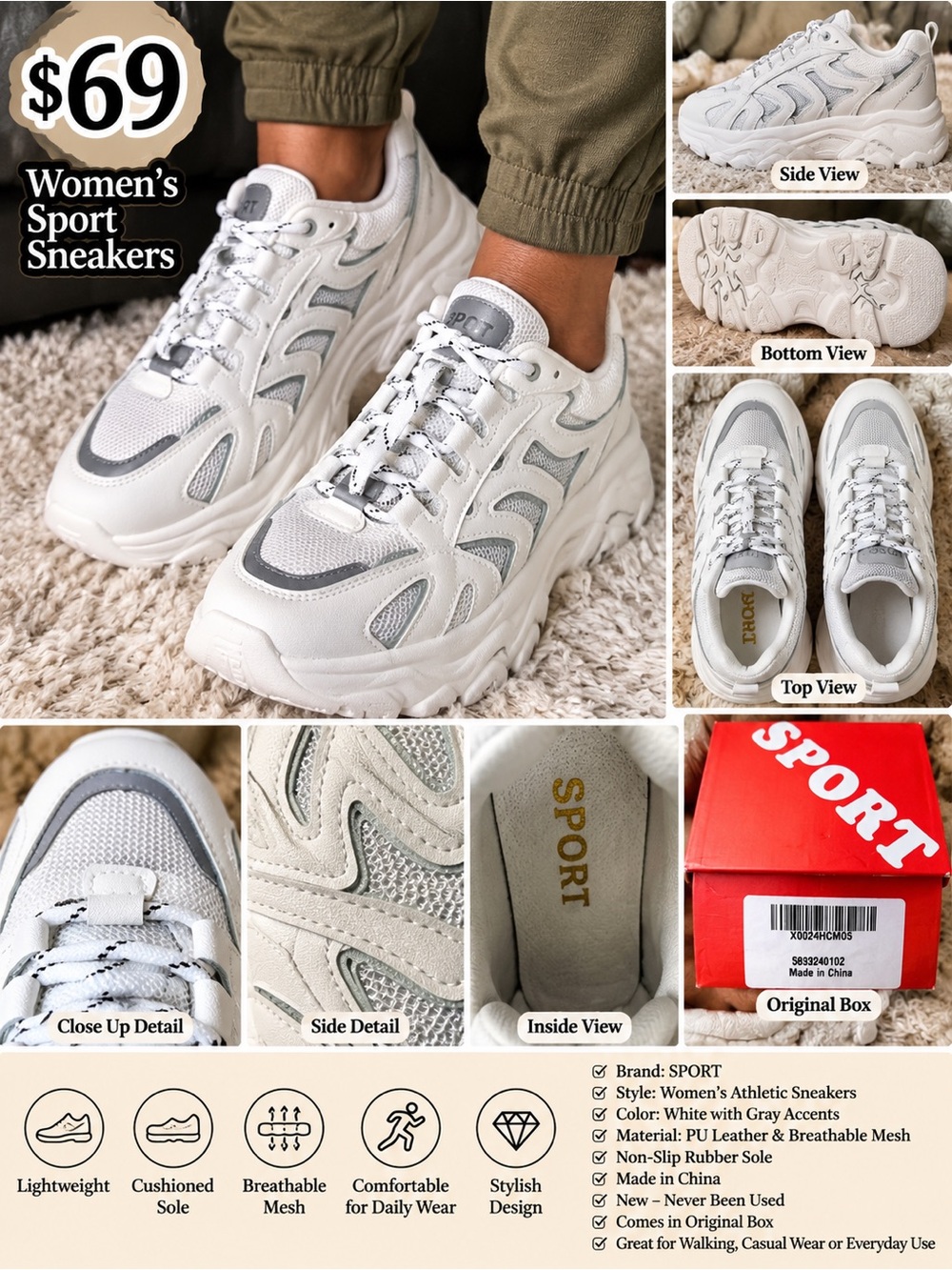 Sporto White and Gray Women’s Chunky Athletic Sneakers